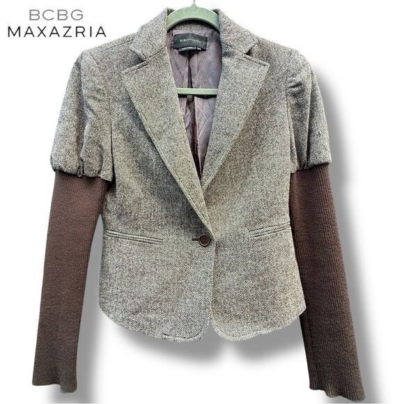 BCBG MaxAzria Women's Blazer Tweed Knit Sleeve Wool Silk Jacket Academia Y2K XS - Picture 1 of 10